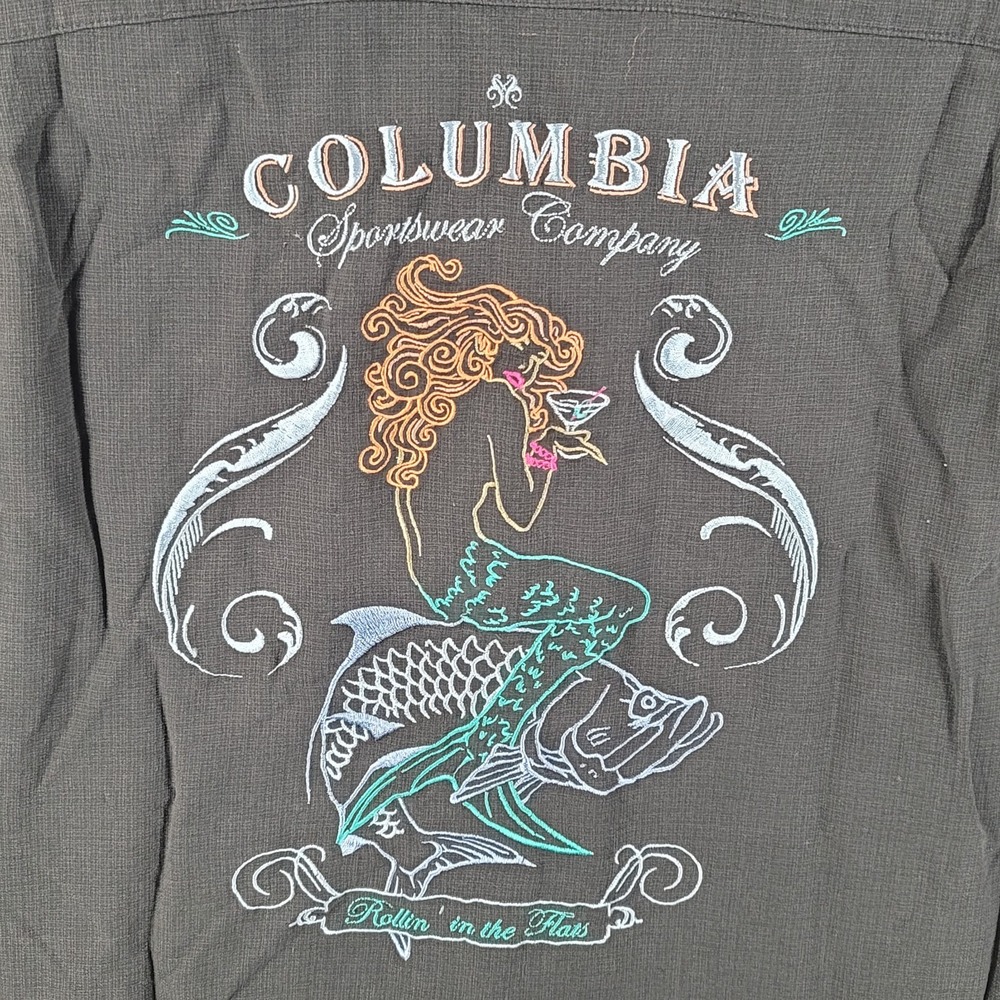 Columbia Silk Shirt Short Sleeve Black Mens Large Button Up Mermaid Embroidered